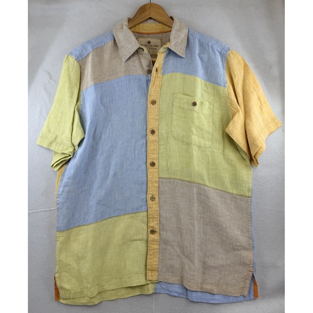 The Territory Ahead Men's Large Color Block 100% Linen Colorful Summer Beach - Picture 2 of 8
